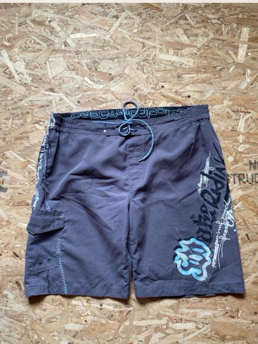 Men's Gray Point Zero Y2K Swim Trunks with Side Graphics